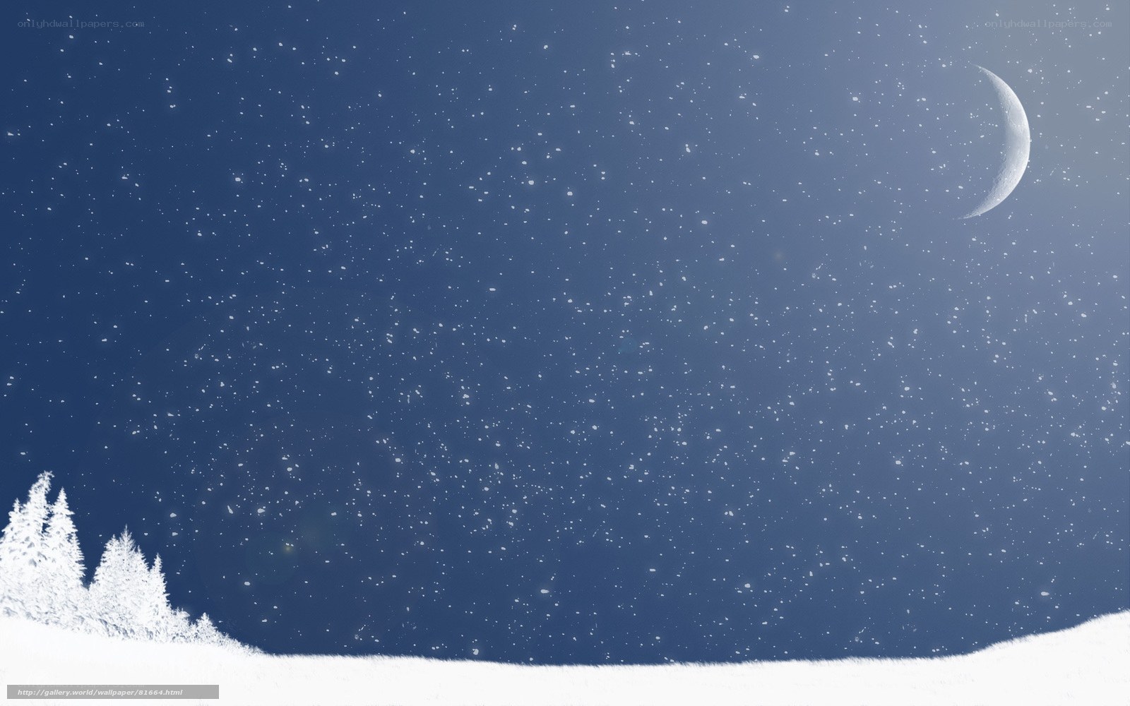 Snowy night with crescent moon