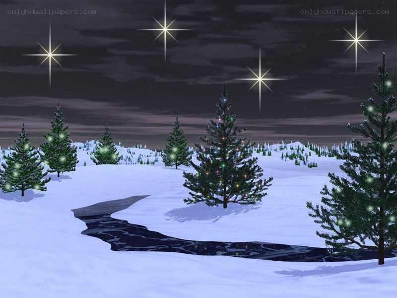 snowy night with glowing trees