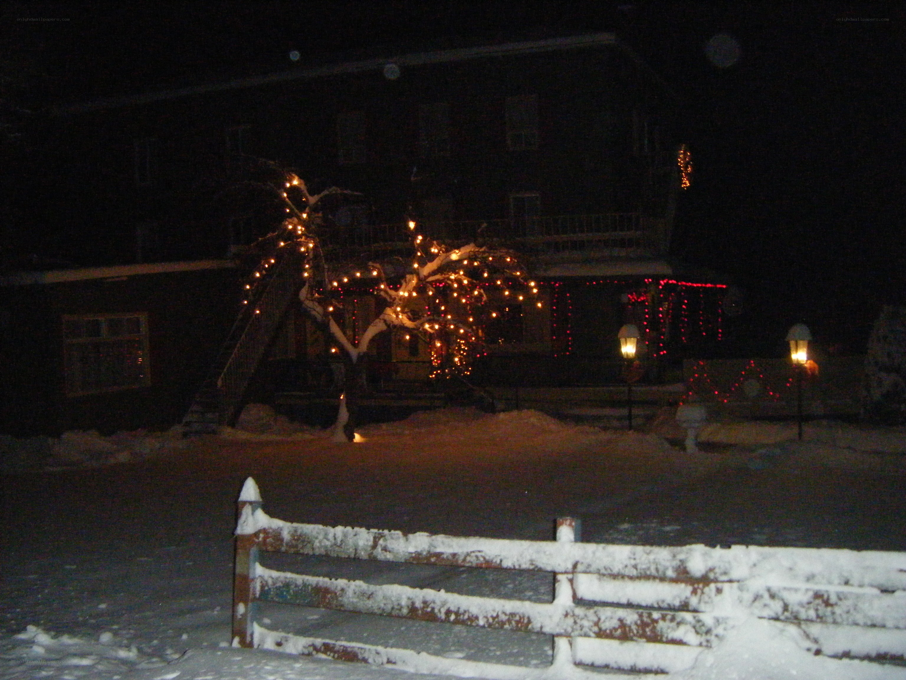 snowy night with holiday lights