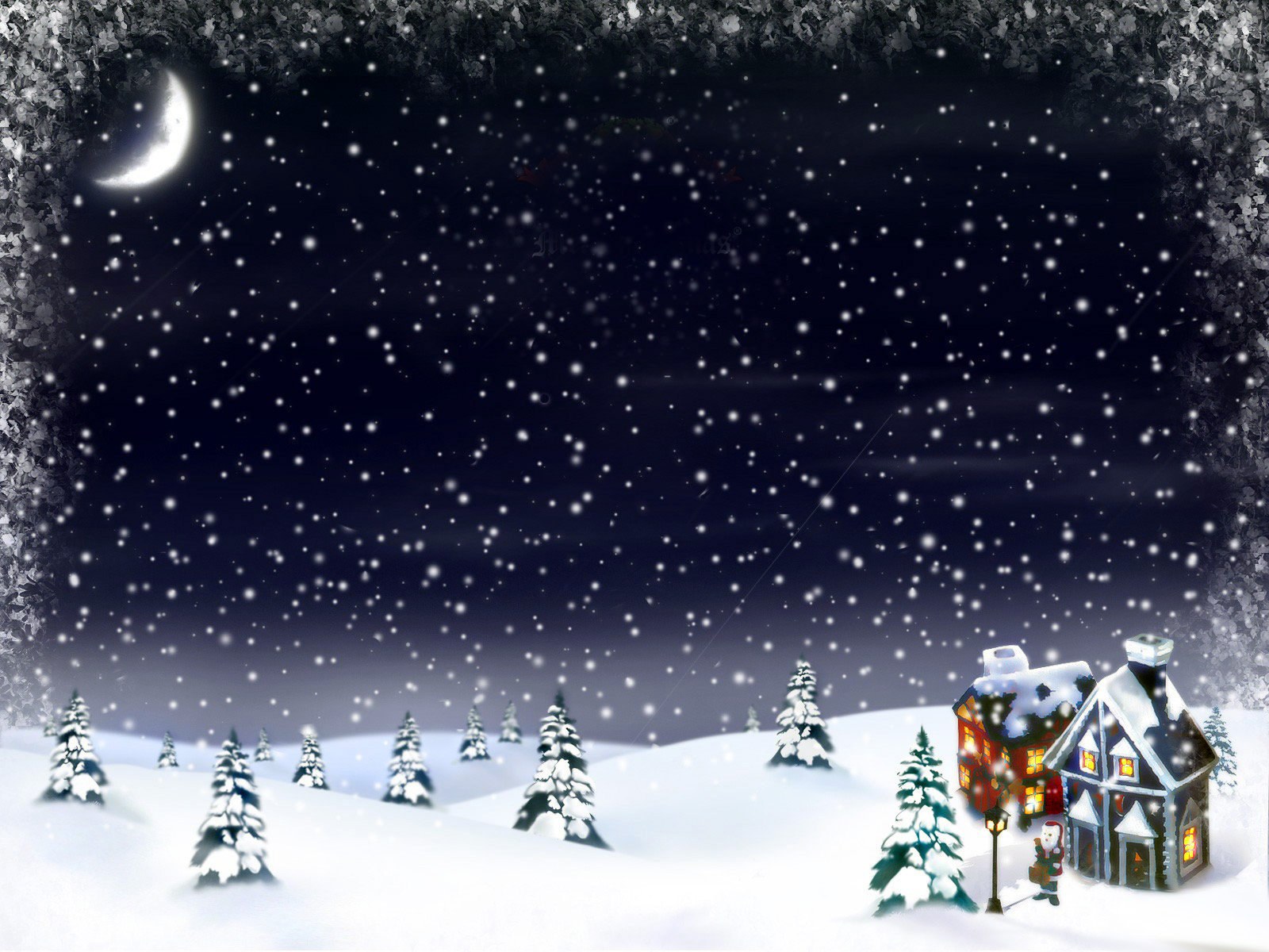snowy night with houses