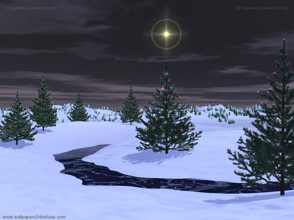 snowy night with lit tree
