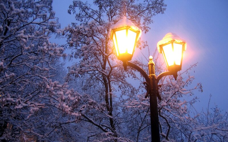 Snowy night with street lamps