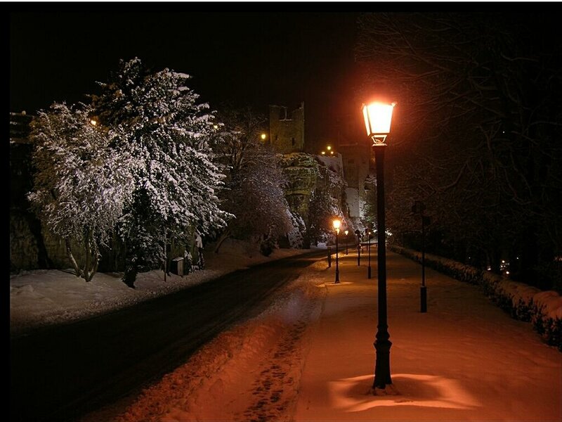 Snowy night with street lamps