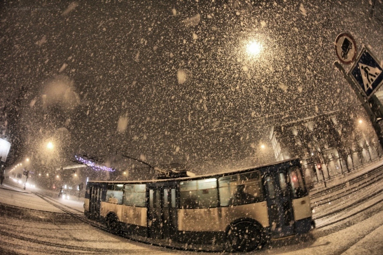 Snowy night with trolley
