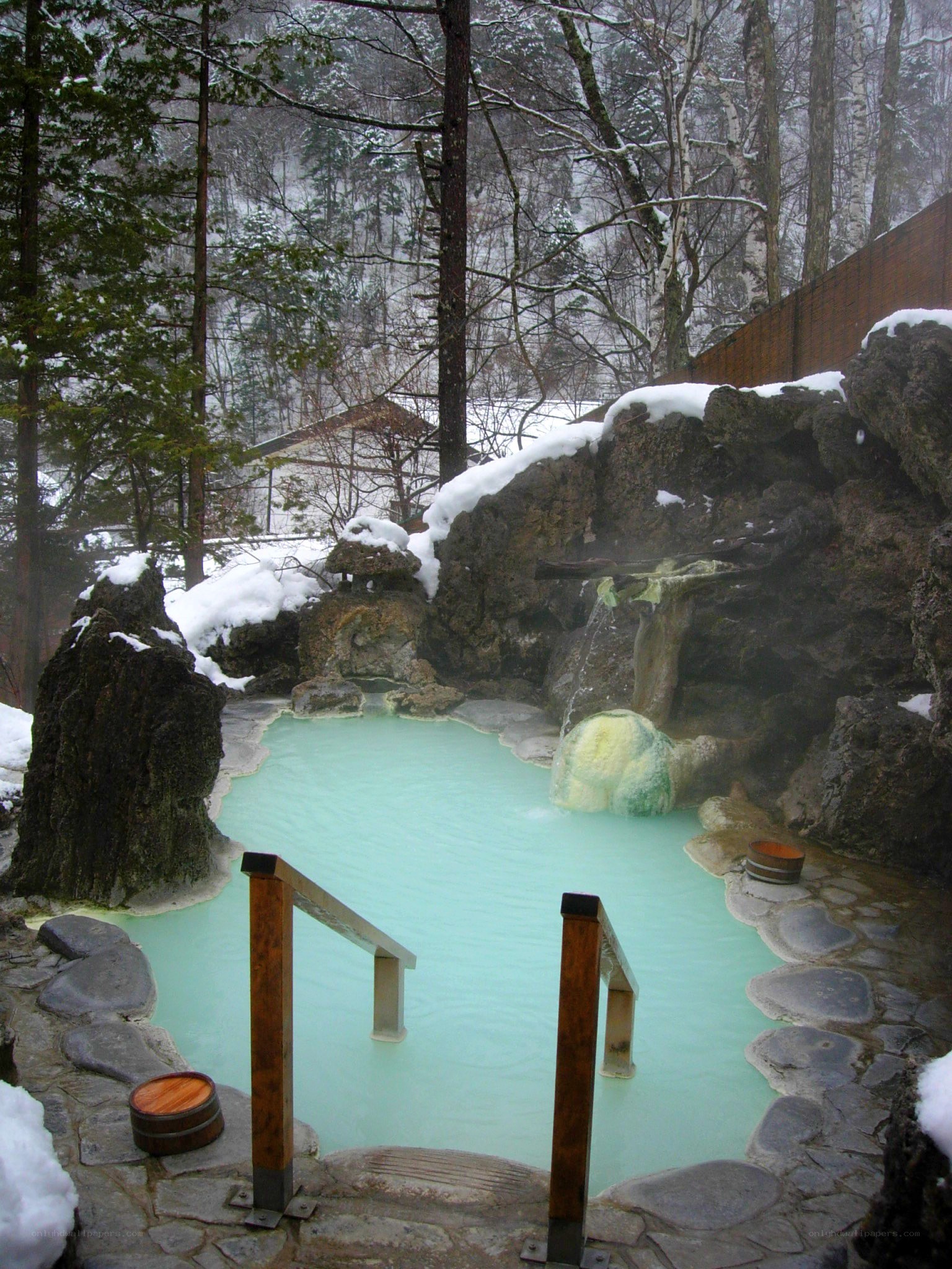 Snowy outdoor hot spring