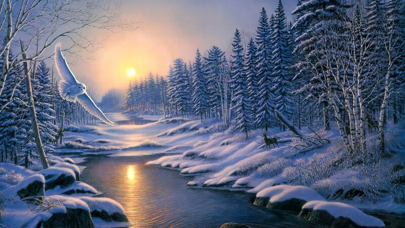 Snowy Owl in Flight — Blue, Serene, Winter, Painting, Deer, River, Forest, White