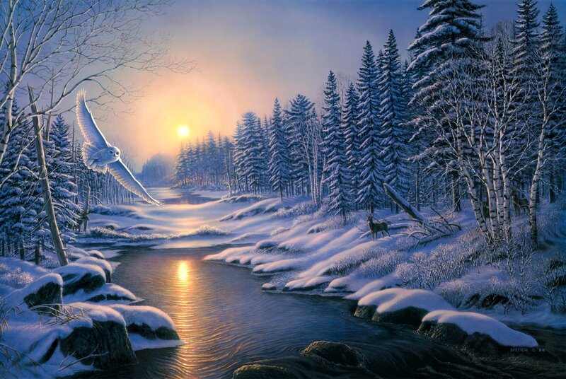 Snowy Owl in Flight — Blue, Serene, Winter, Painting, Deer, River