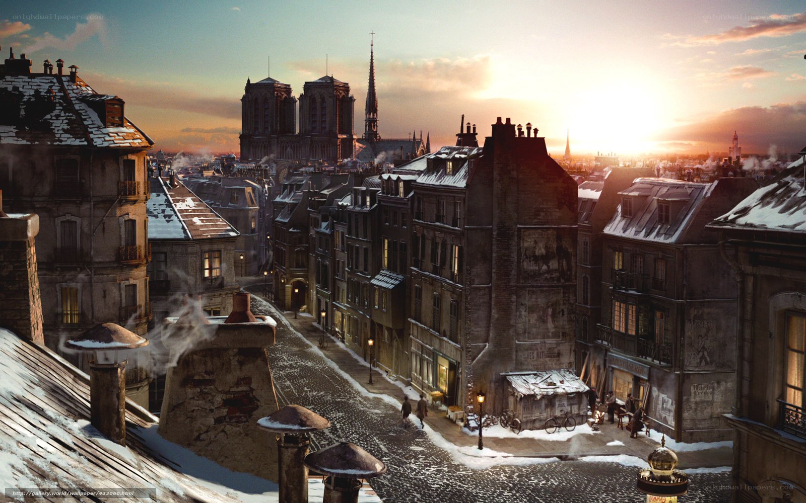 Snowy Paris at sunset