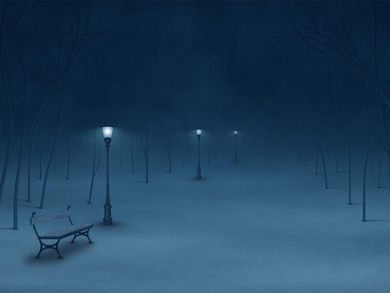 Snowy park at night