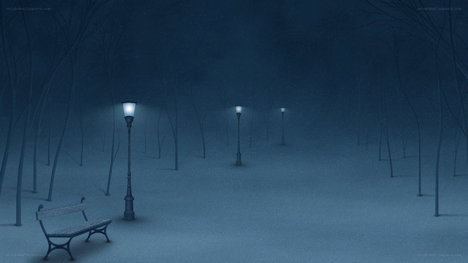 Snowy park at night