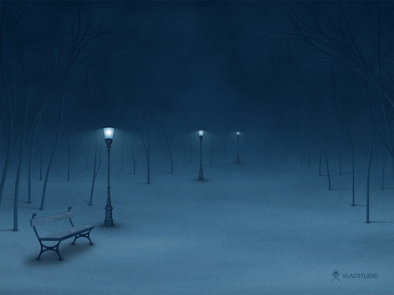 Snowy Park at Night — Blue, Serene, Digital Art, Bench, Streetlights