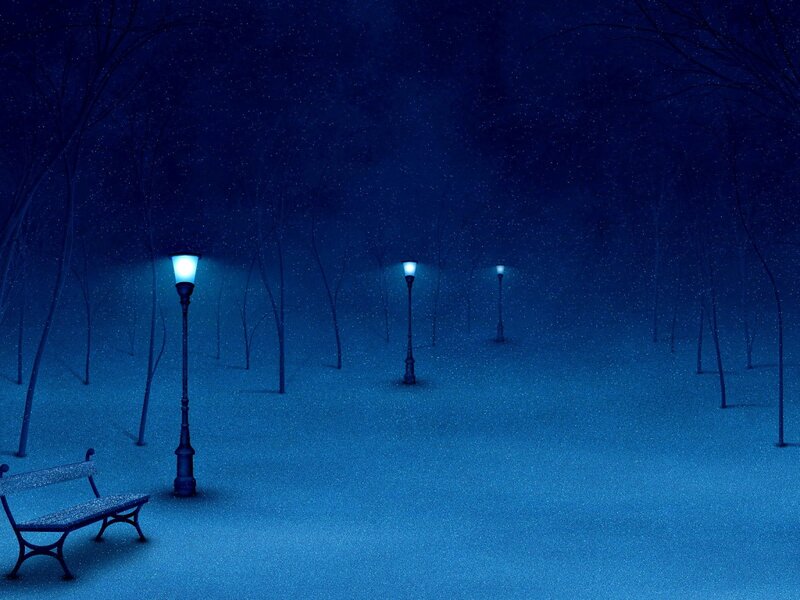 Snowy Park at Night — Blue, Serene, Digital Art