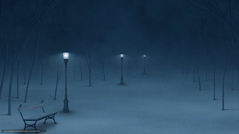 Snowy park at night