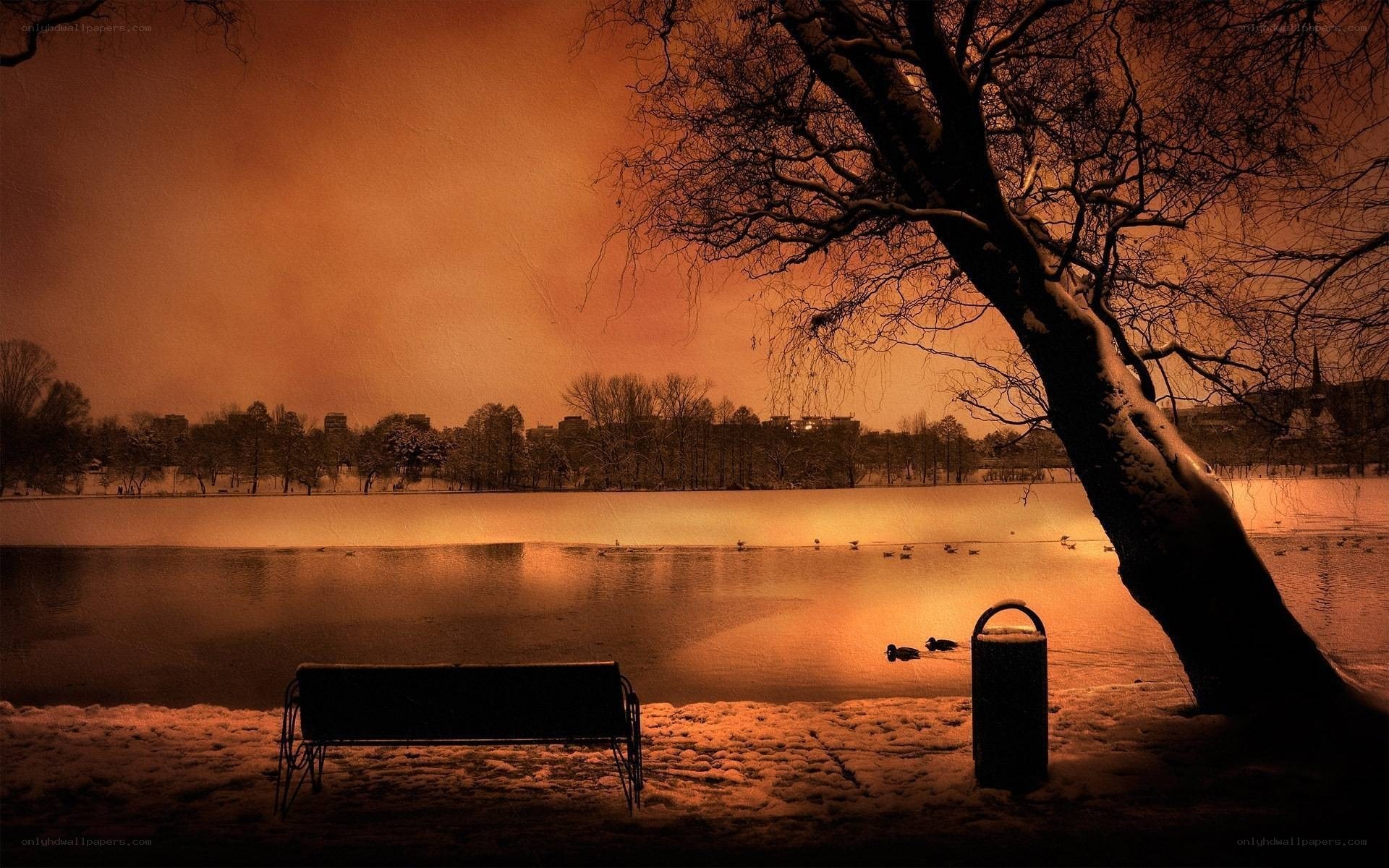 Snowy park bench at dusk