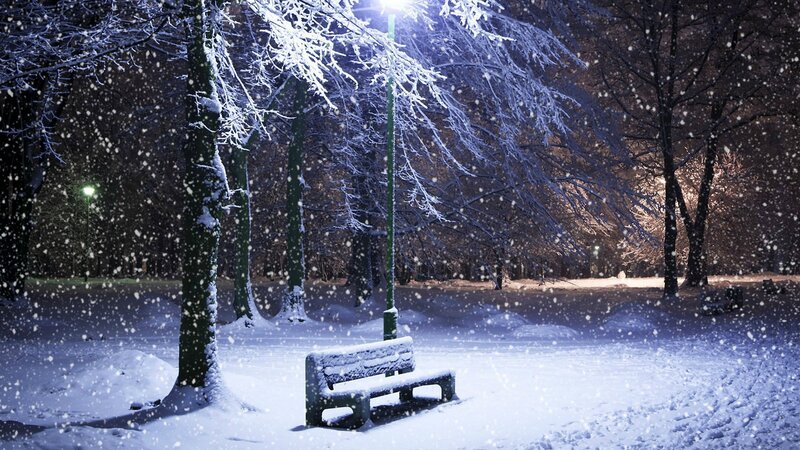 Snowy park bench at night