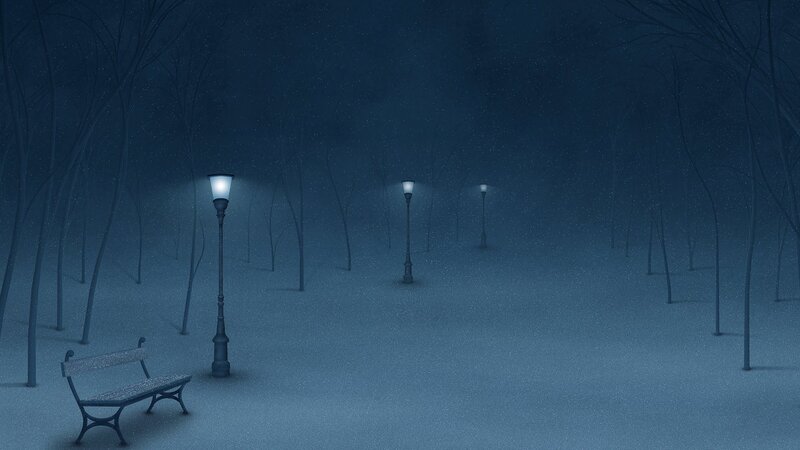Snowy Park Bench — Blue, Serene, Night, Digital Art, Lampposts
