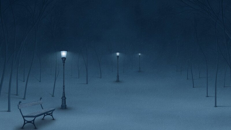 Snowy Park Bench — Blue, Serene, Night, Digital Art, Streetlights, Trees, Black