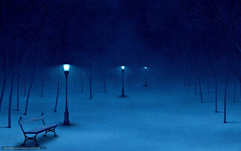 Snowy Park Bench — Blue, Serene, Night, Digital Art, Streetlights, Trees