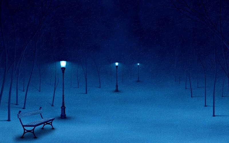 Snowy Park Bench — Blue, Serene, Night, Digital Art