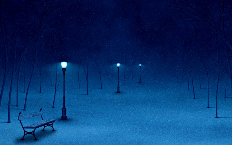 Snowy Park Bench — Blue