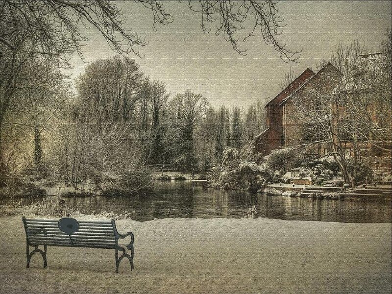 Snowy park bench by a pond