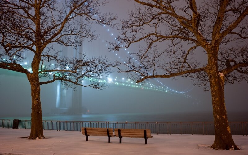 Snowy Park Bench — White, Serene, Night