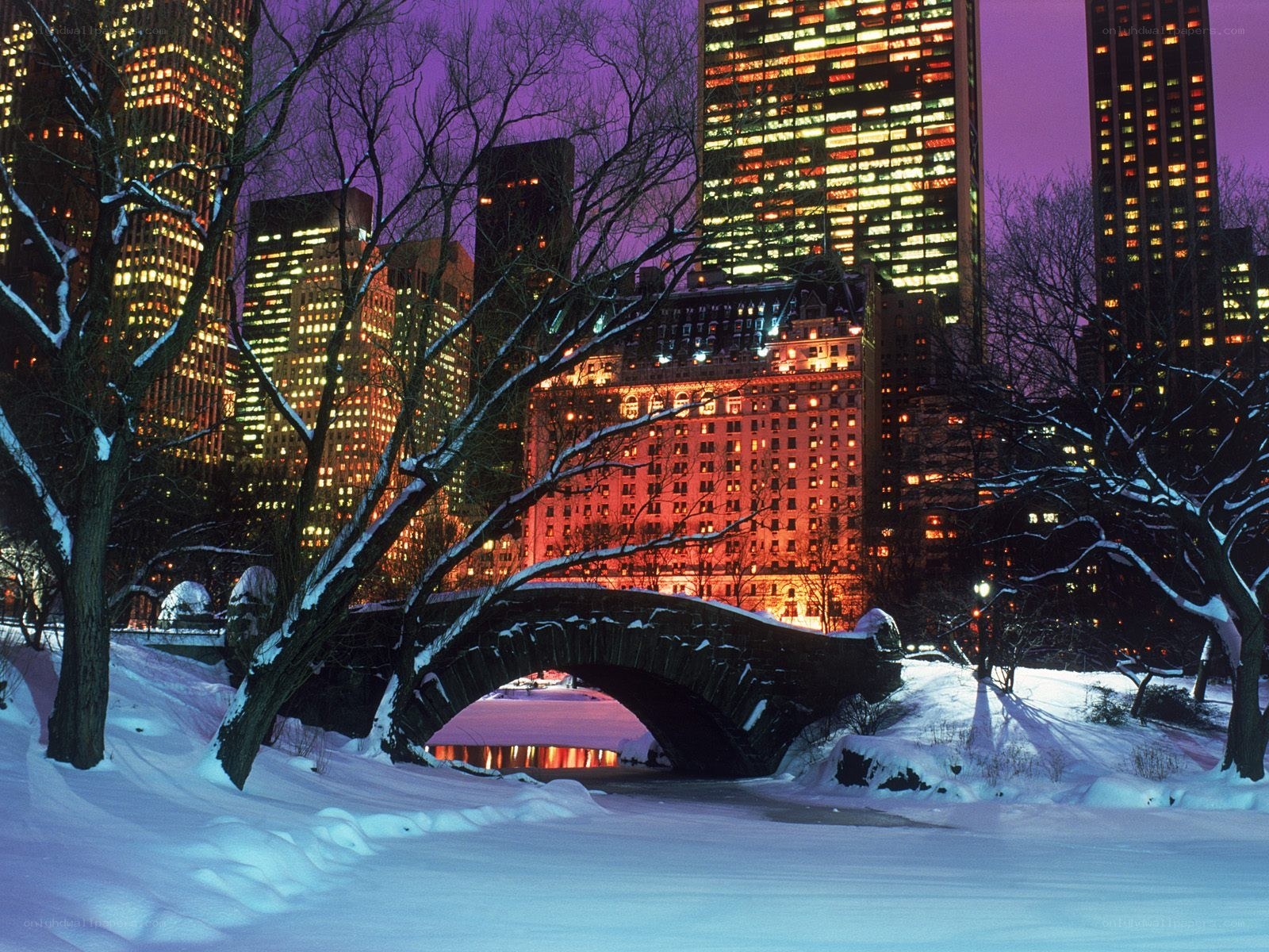 Snowy park bridge at night