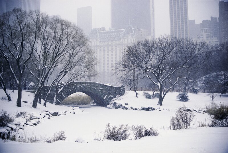 Snowy park bridge in city