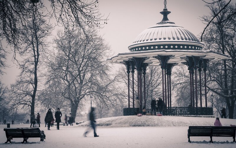 Snowy park gazebo scene