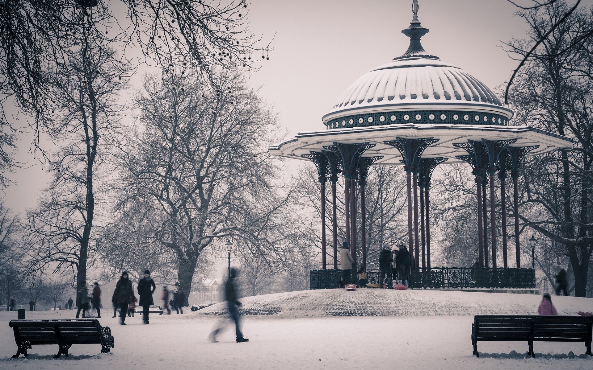 Snowy park gazebo scene