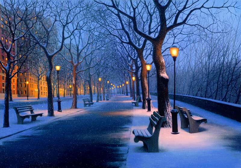 Snowy Park Path — Blue