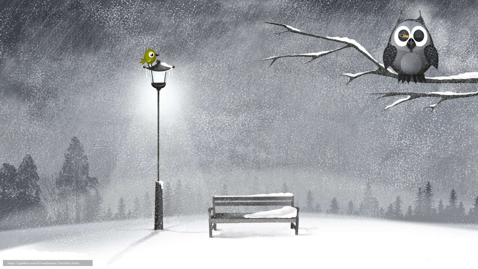 Snowy park with birds