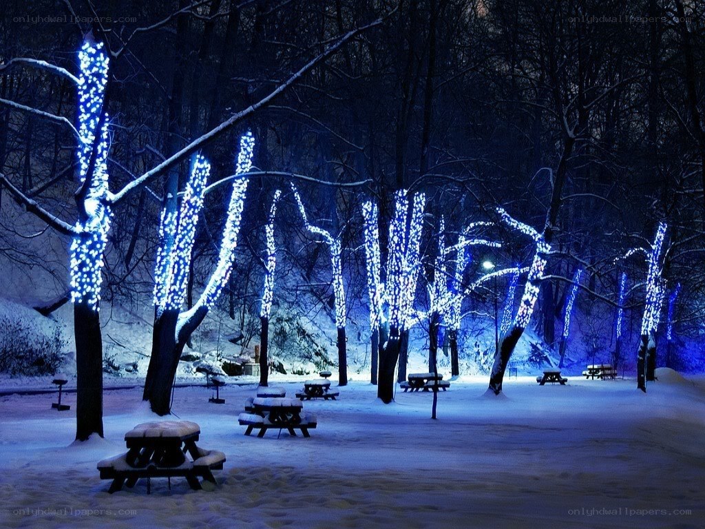 snowy park with blue lights