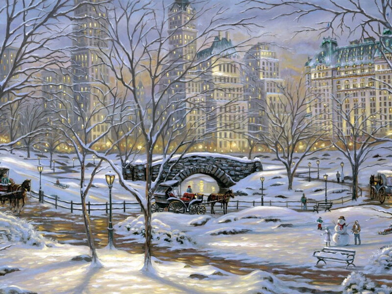 Snowy Park with Carriages