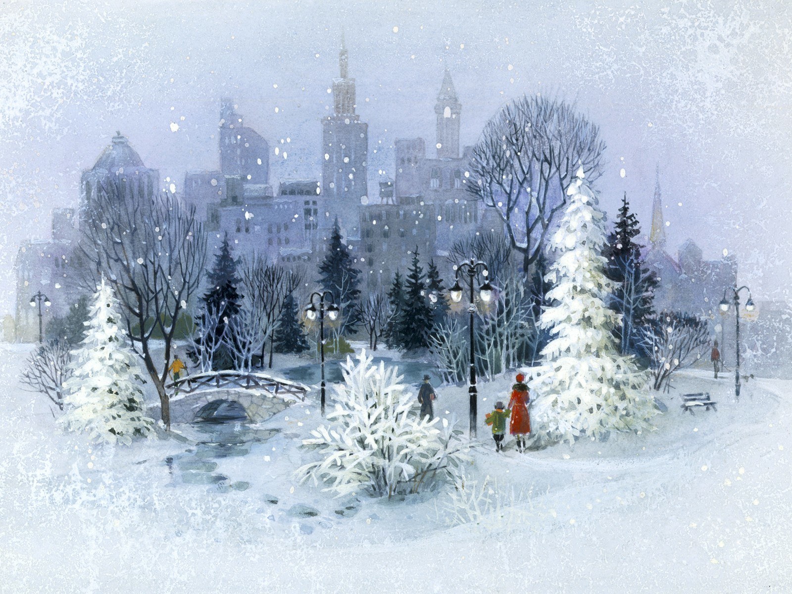 Snowy park with city skyline