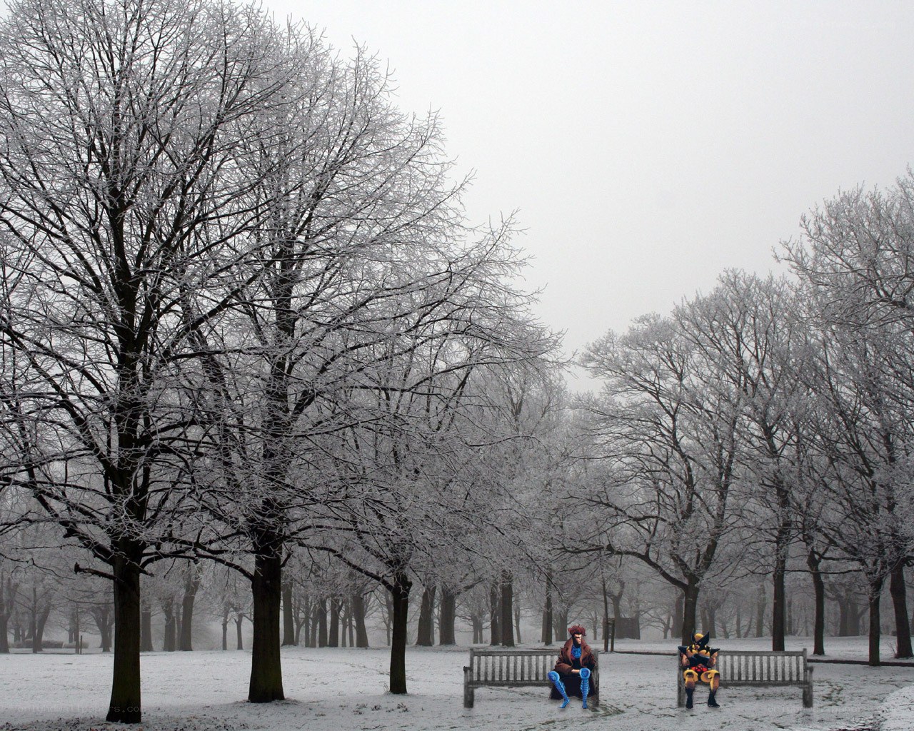 Snowy park with costumed figures
