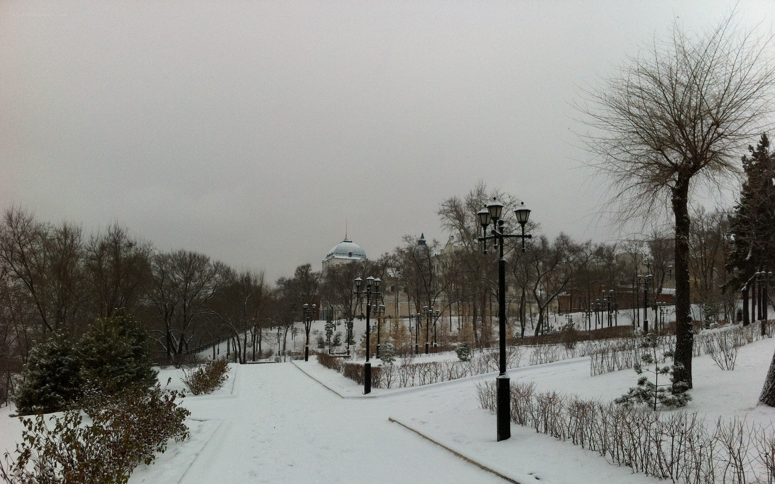 snowy park with domed building