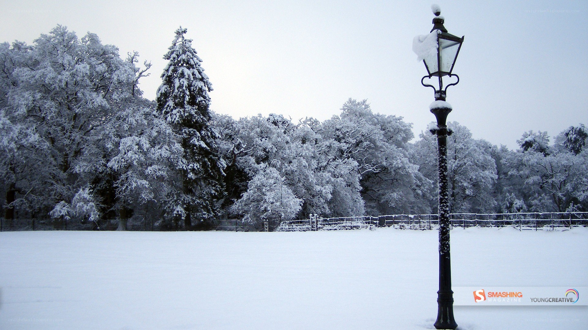 Snowy park with lamp post