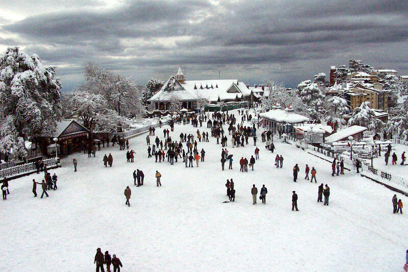 Snowy park with people