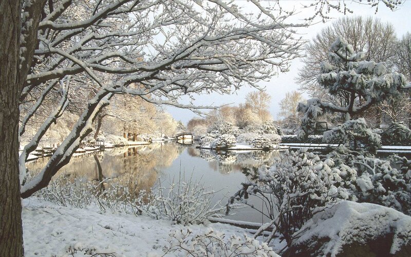 Snowy park with pond and bridge