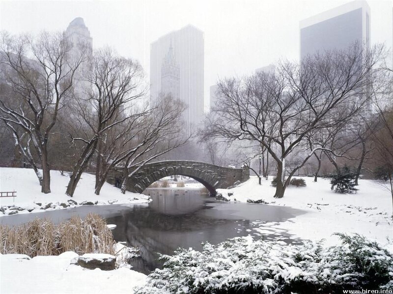 Snowy park with stone bridge