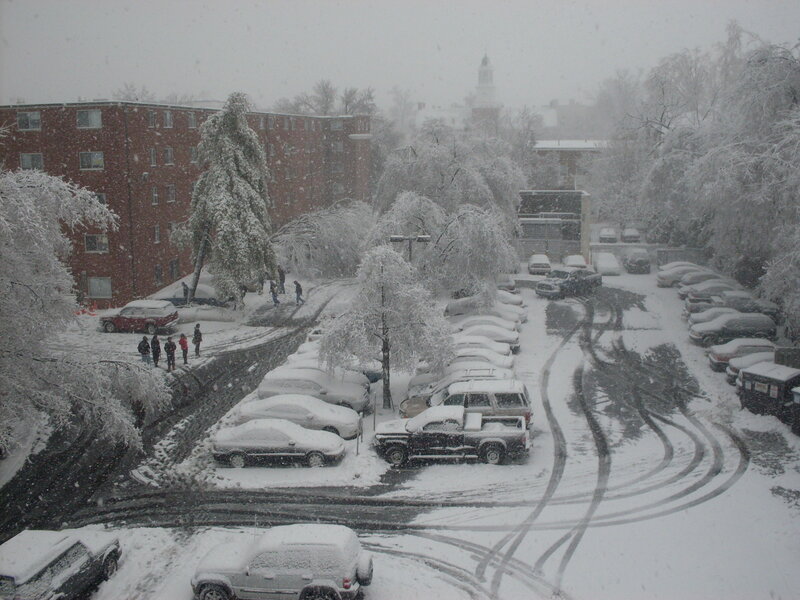 Snowy parking lot during storm