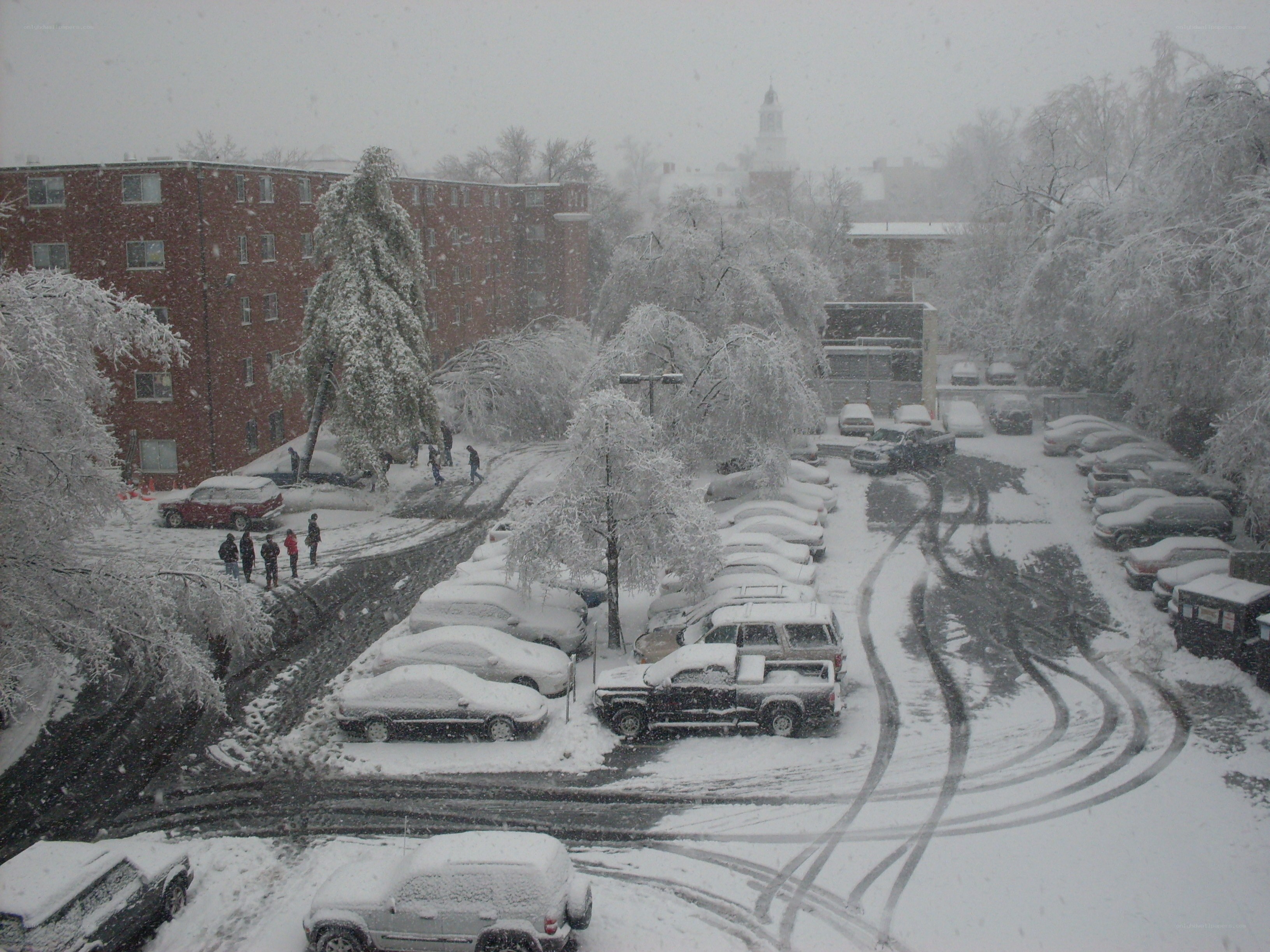 Snowy parking lot during storm
