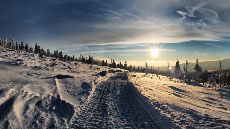 Snowy path at sunrise