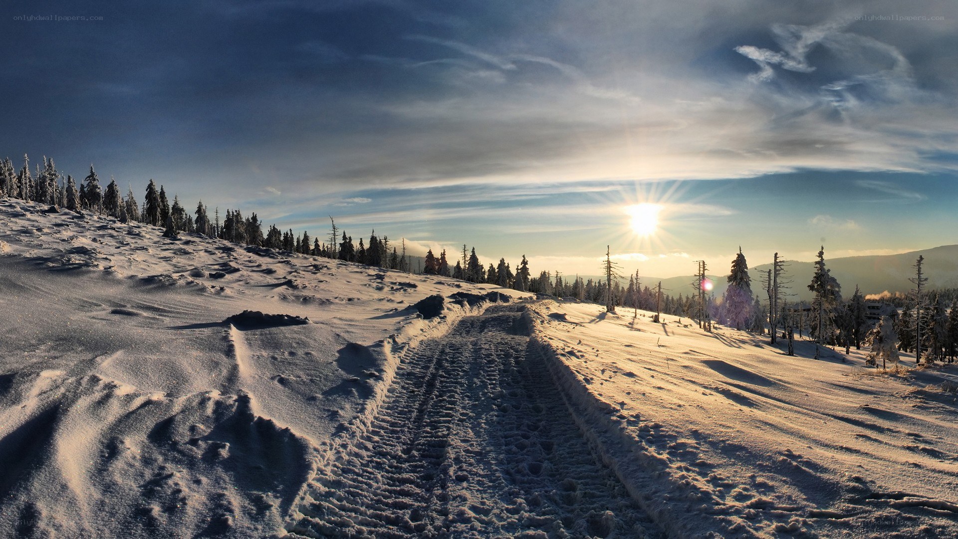 Snowy path at sunrise