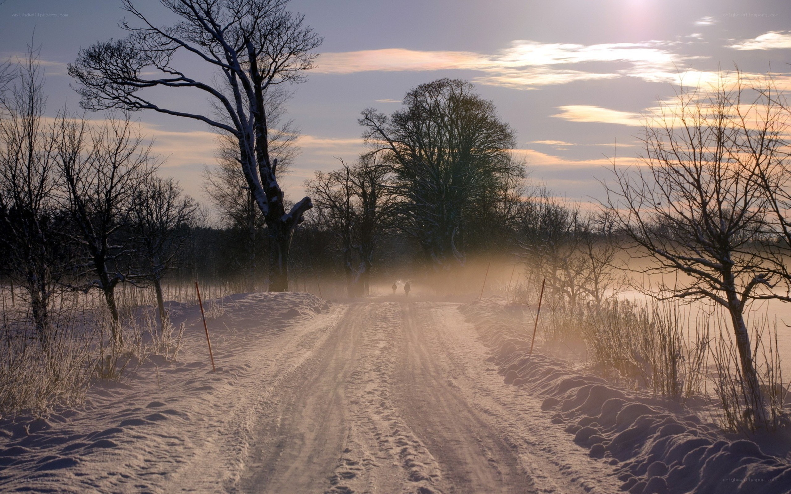 Snowy path at sunrise
