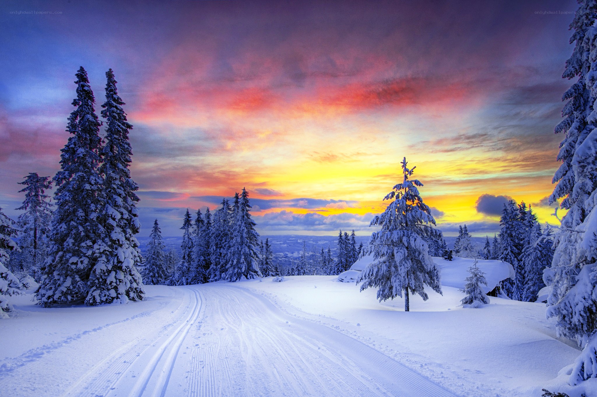 Snowy path at sunset