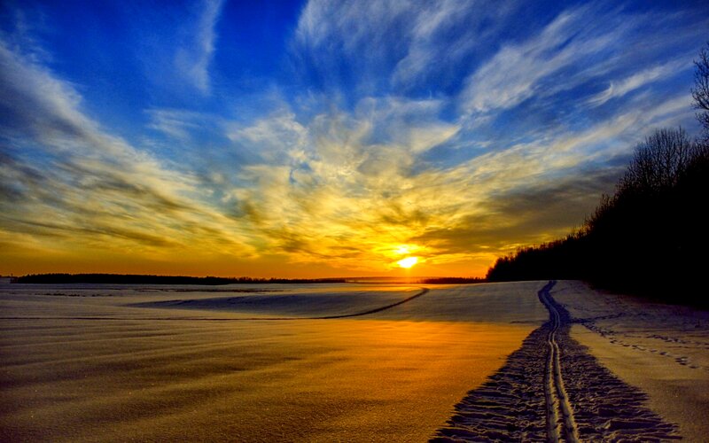 Snowy Path at Sunset — Blue, Dramatic, Photograph