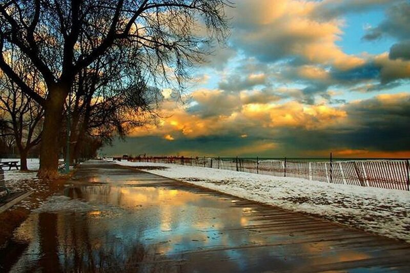 Snowy Path at Sunset — Blue, Dramatic, Winter, Photograph, Trees, Clouds