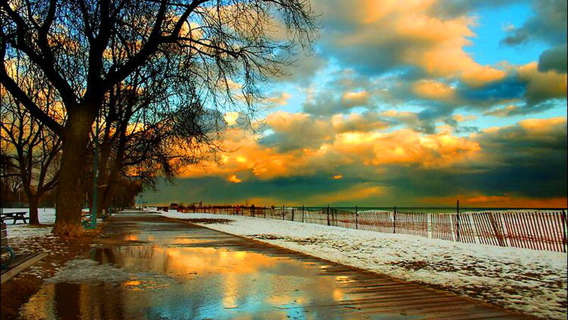 Snowy Path at Sunset — Orange